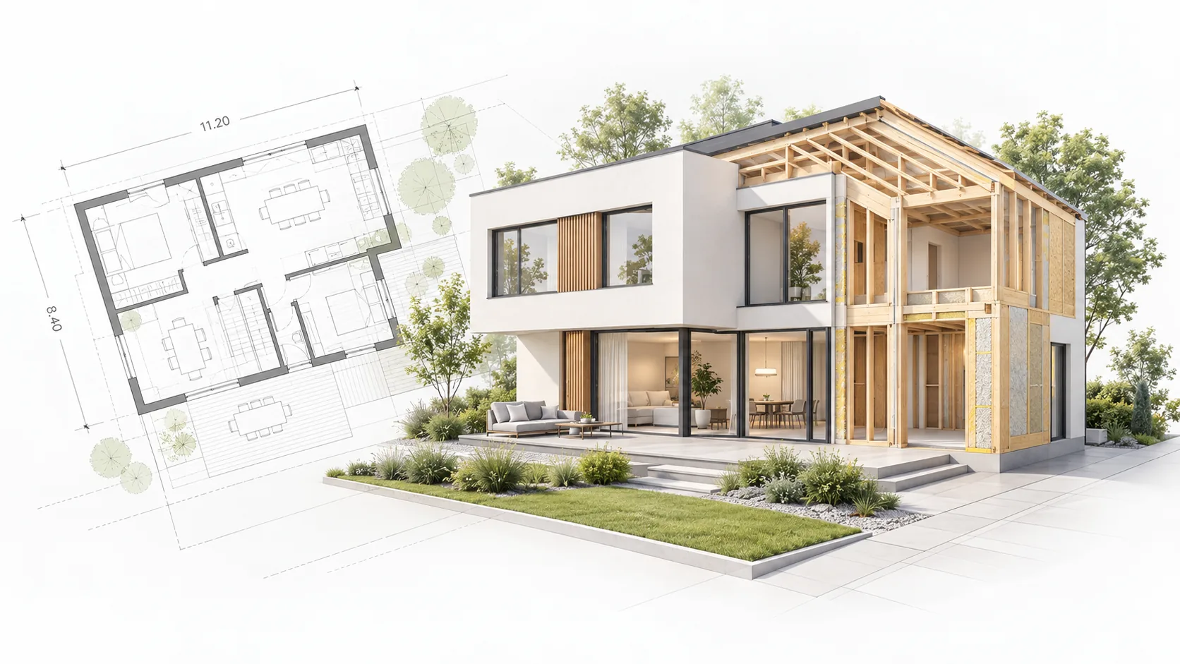 Grundriss und Fertighaus in Holzständerbauweise